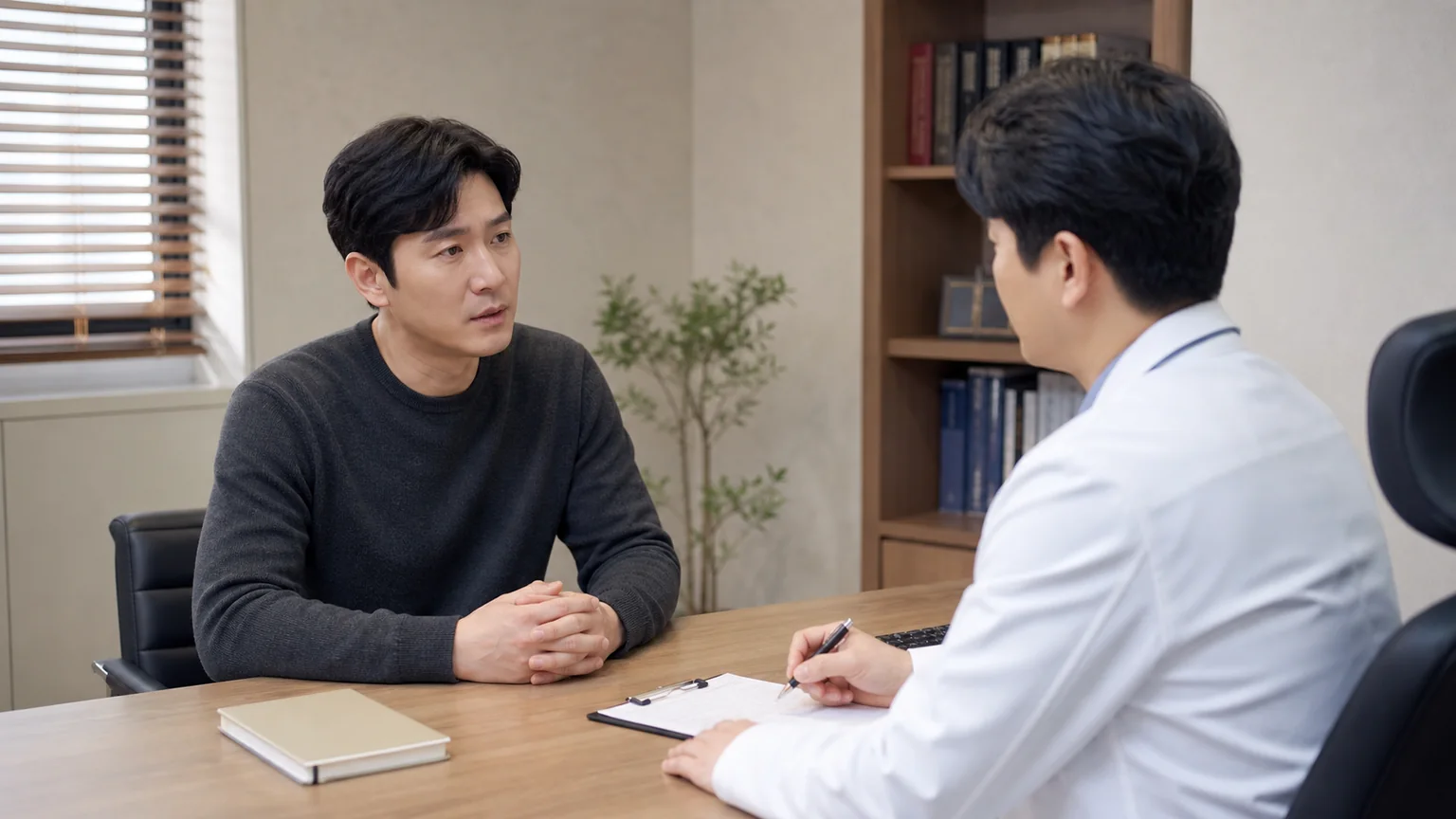 전립선염 환자가 배뇨 불편과 골반 통증을 조심스럽게 상담하는 한의원 초진 장면