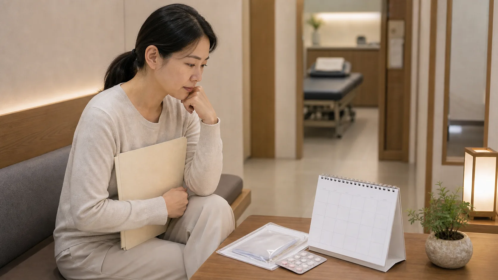 반복착상실패 상담 전 한국인 여성 환자가 이식 기록과 상담 일정을 정리하는 국내 한의원 대기 공간 장면