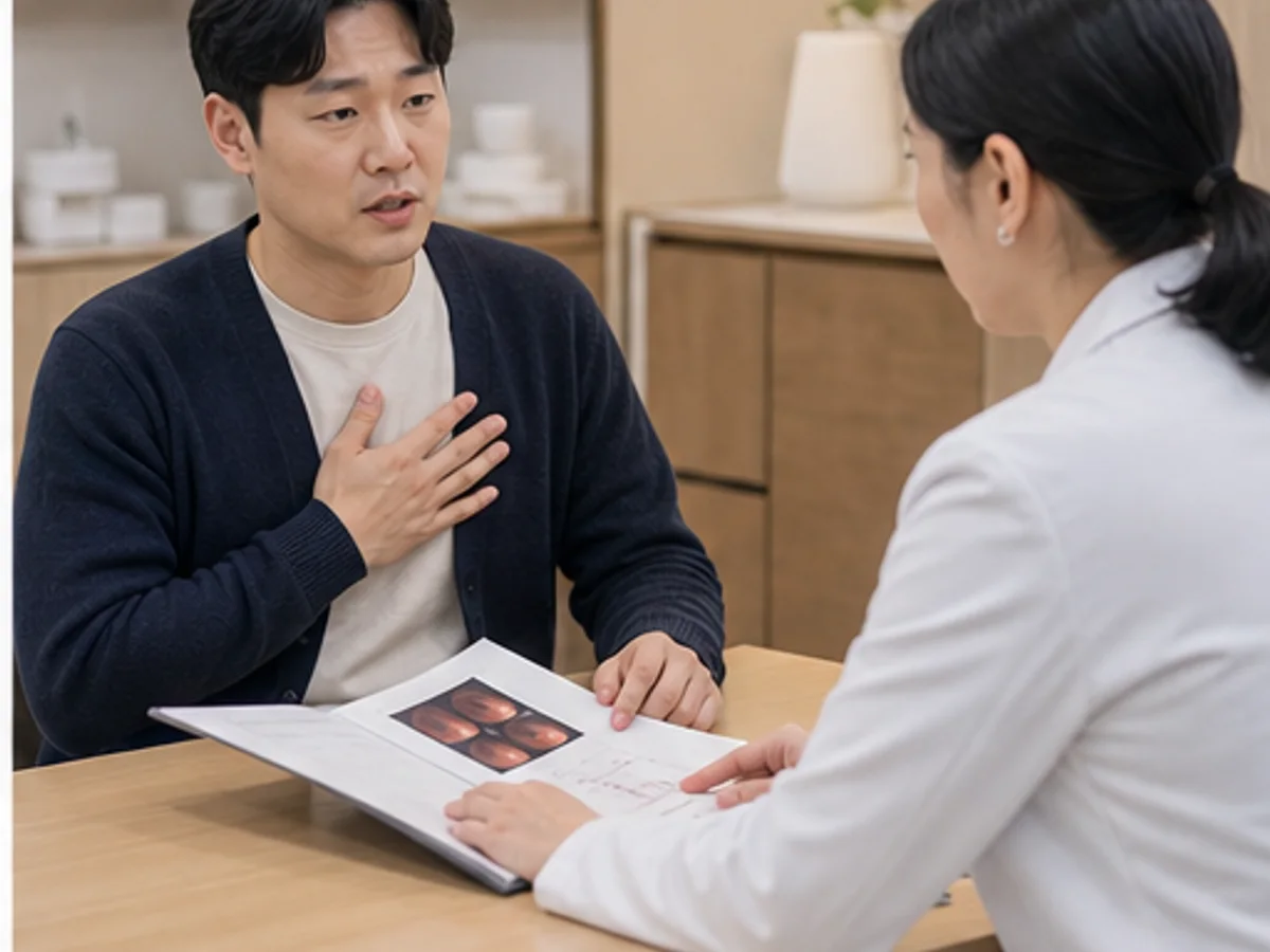 역류성 식도염 환자가 신물 역류와 가슴쓰림 야간 증상을 초진 상담에서 설명하는 장면
