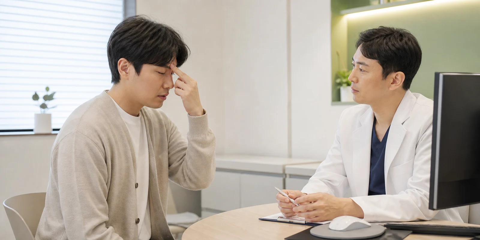 비염두통 환자가 이마와 콧등 압박감을 한국인 의료진에게 상담하는 국내 한의원 진료실 장면