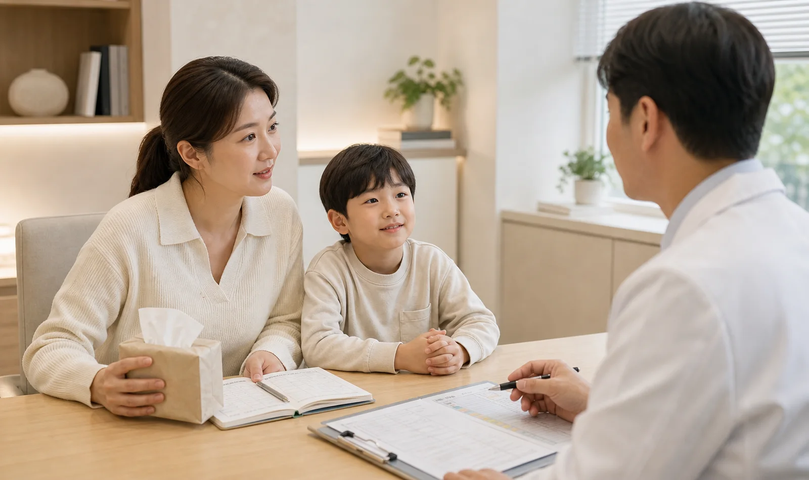 소아 비염 아이와 보호자가 증상 기록과 티슈를 놓고 현대 한의원 상담실에서 상담하는 장면