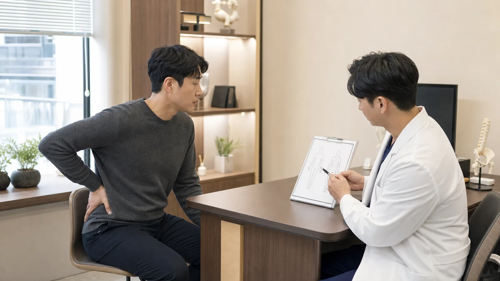 갈비뼈 통증 환자가 국내 한의원 상담 공간에서 옆구리와 흉곽 불편을 한국인 의료진에게 설명하는 장면