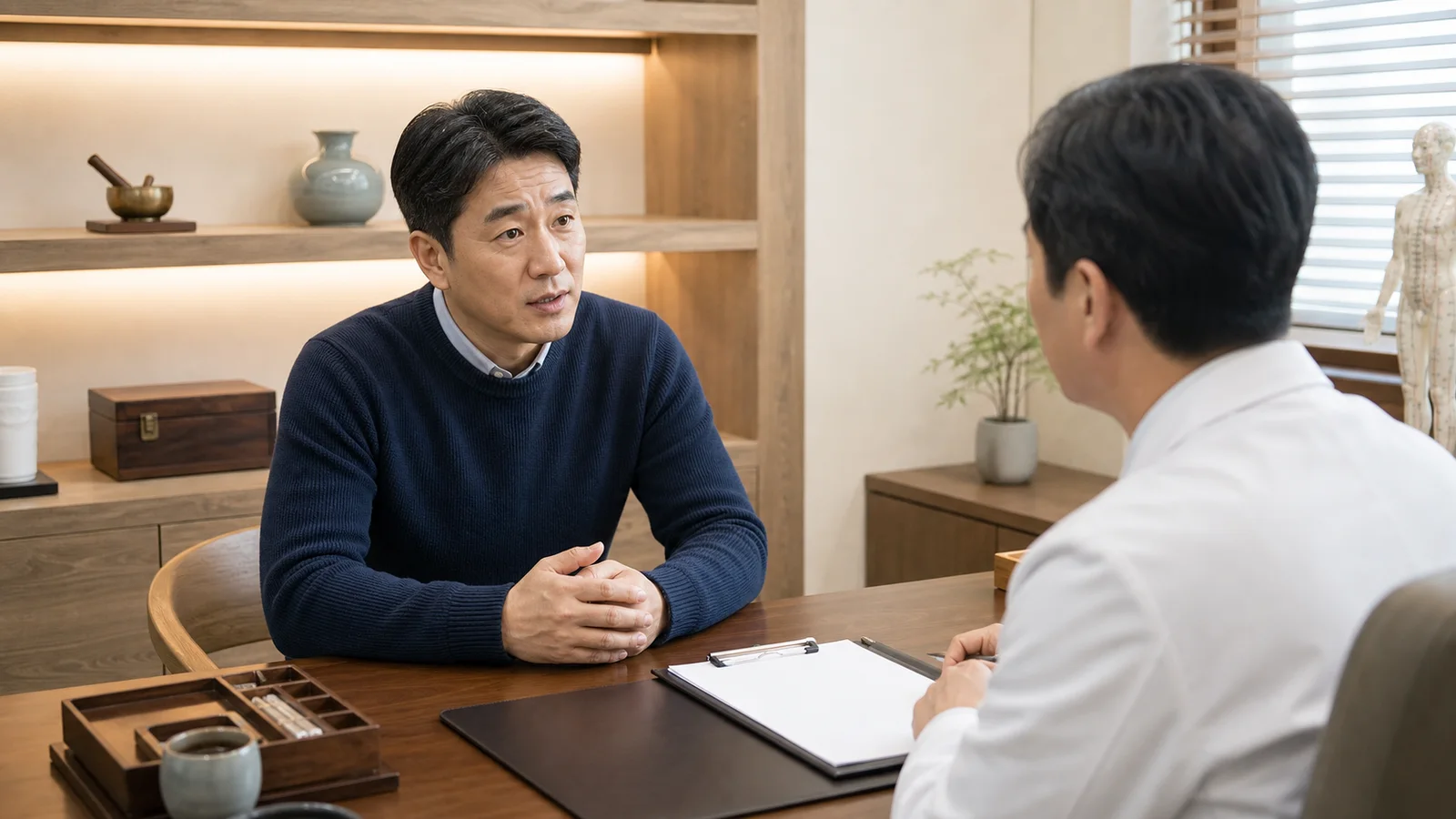 지루 환자가 밝은 한의원 진료실에서 최근 변화 시점과 관계 피로감을 차분히 상담하는 장면