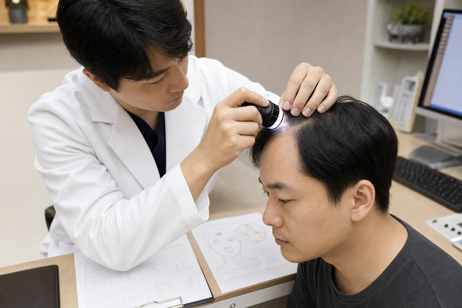 한국인 의료진이 국내 한의원 진료실에서 한국인 환자의 두피 상태와 지루성 피부염 기록을 확인하는 장면