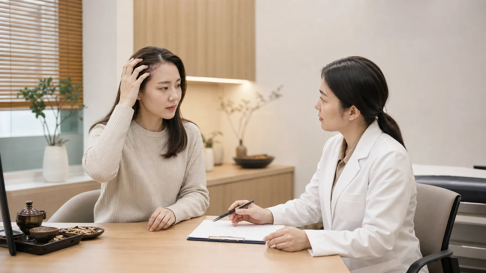 지루성 피부염 상담에서 한국인 환자가 두피 가려움과 얼굴 붉어짐 기록을 한국인 의료진에게 설명하는 국내 한의원 진료실 장면