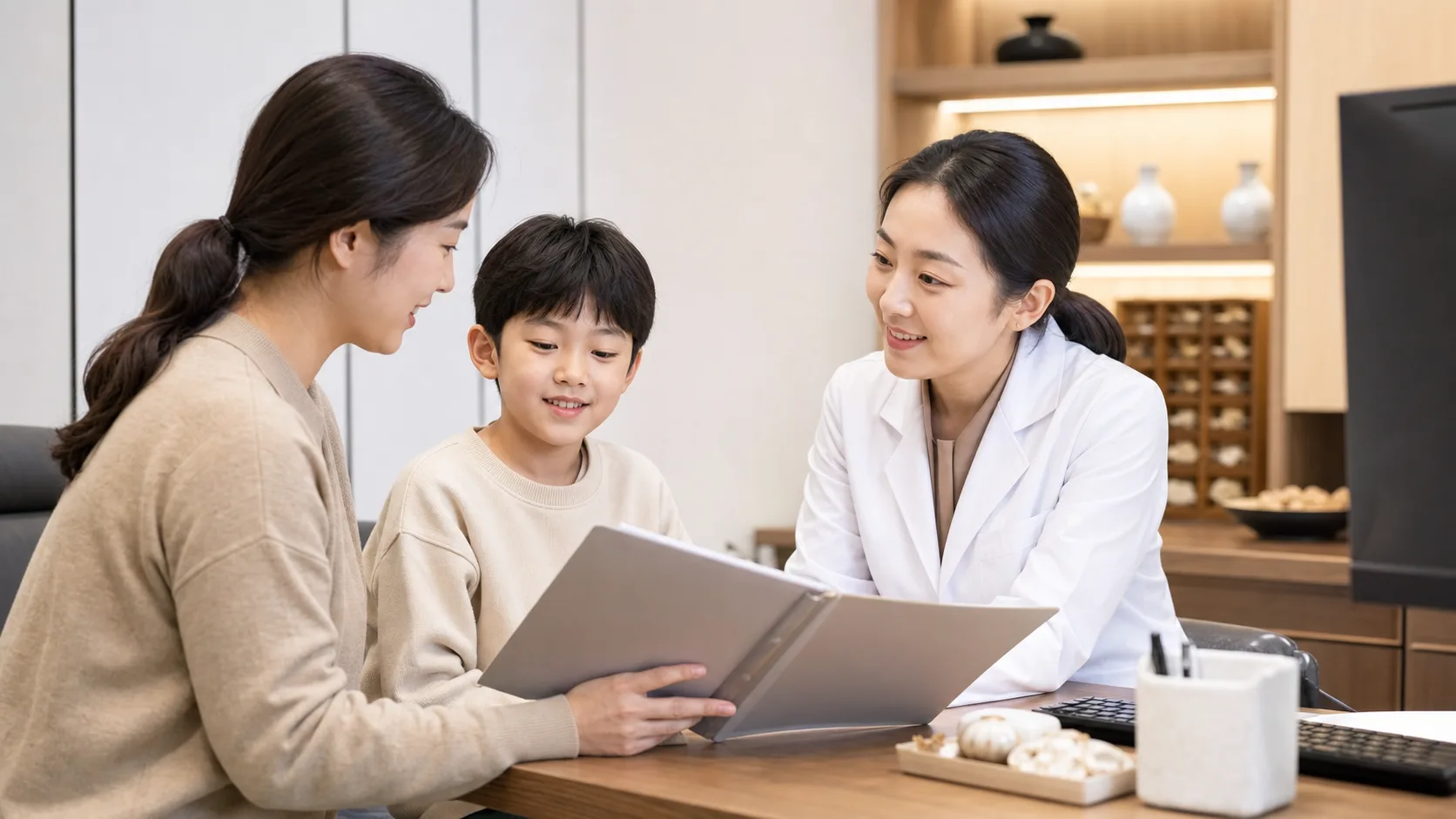 한국인 보호자와 아이가 저신장 상담을 위해 성장 기록을 한국인 의료진과 확인하는 국내 한의원 진료실 사진