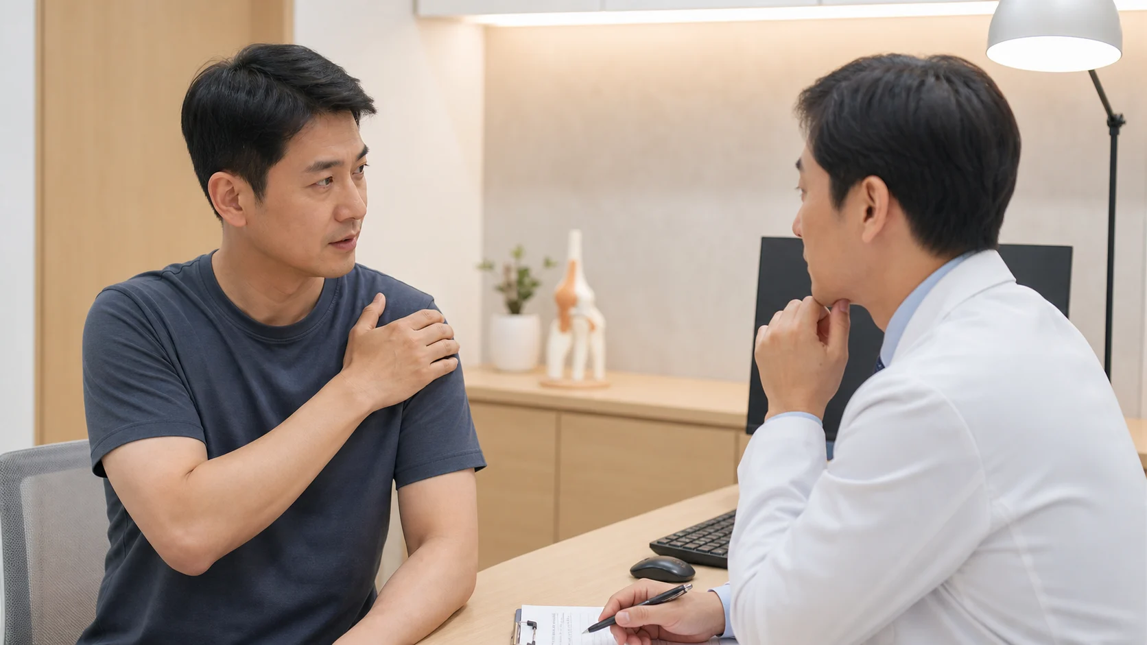 한국인 어깨 통증 환자가 어깨 부위를 짚으며 국내 의료 상담 공간에서 상담하는 장면