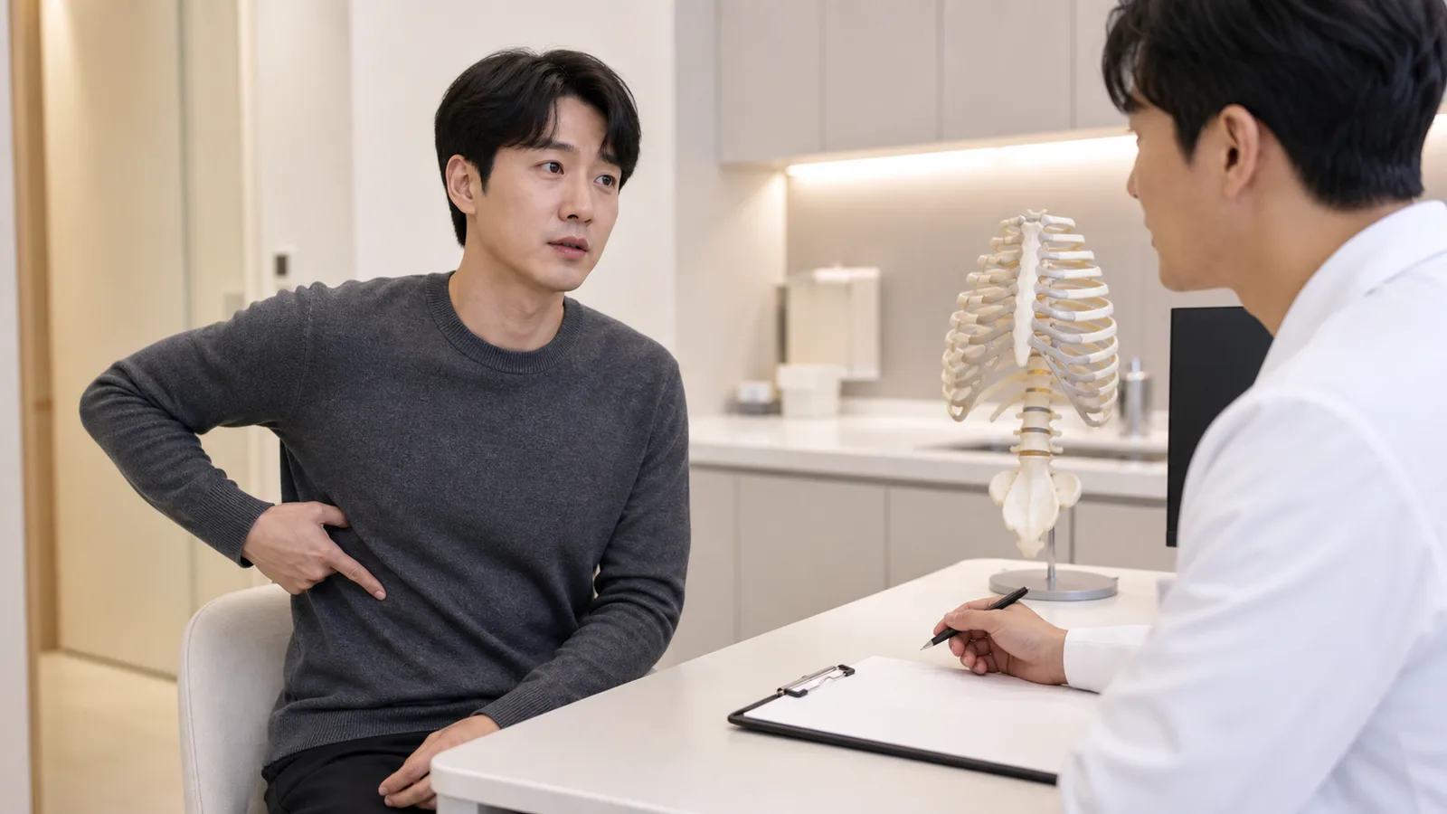 한국인 옆구리 통증 환자가 국내 한의원 상담실에서 갈비뼈 아래와 허리 옆 불편을 설명하는 장면