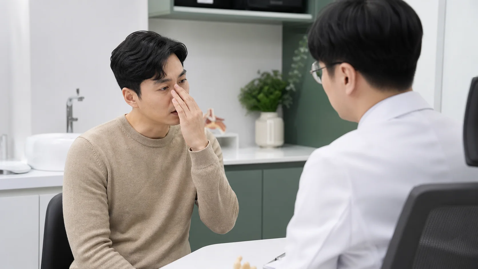 축농증 환자가 코막힘과 후비루, 얼굴 압박감을 밝은 진료실에서 상담하는 장면