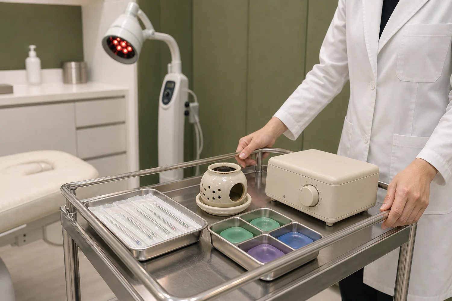 침 치료 도구와 온열 장비가 준비된 현대 한의원 치료환경 장면