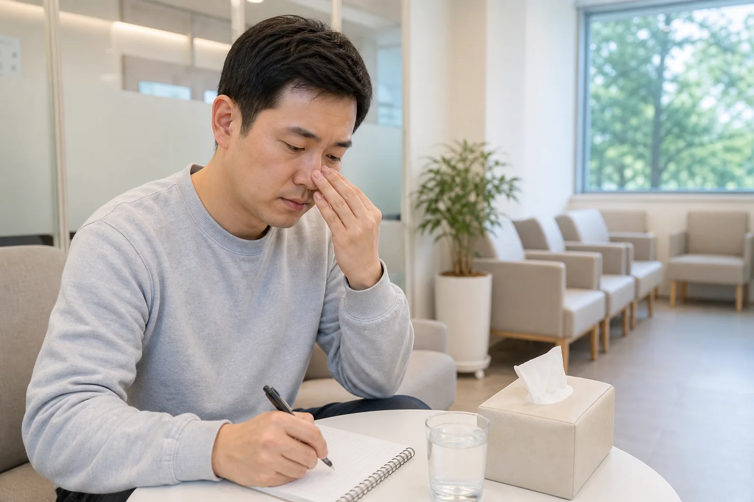 축농증 환자가 대기 공간에서 코막힘과 후비루, 두통 증상 기록을 적는 장면