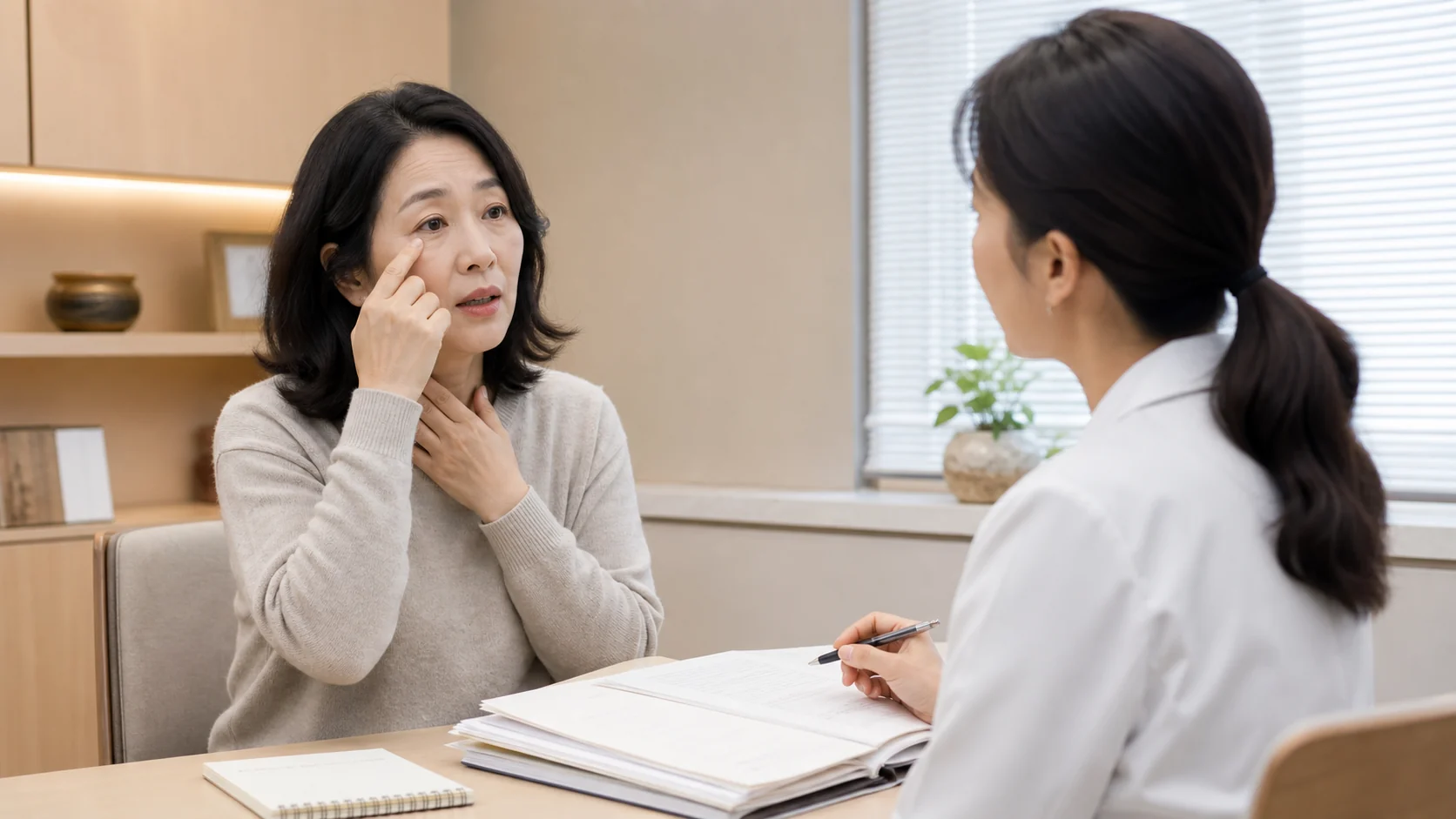 쇼그렌증후군 환자가 눈과 입의 건조감과 피로를 현대 한의원 상담실에서 설명하는 장면