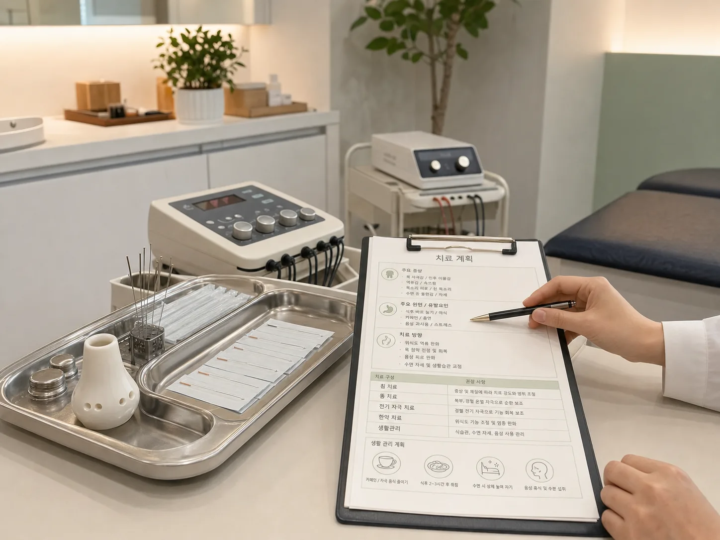위통 치료 순서를 정리하는 모던 한의원 치료실의 침 치료 도구와 온열 장비, 치료계획표 장면