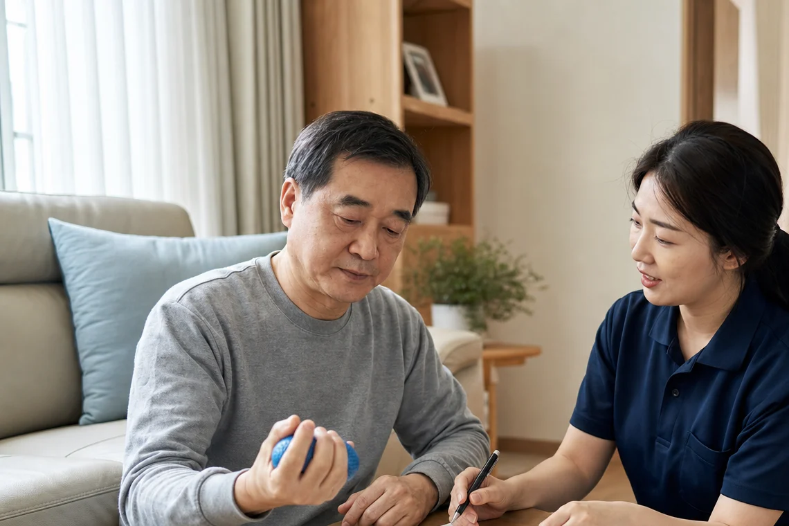 한국인 뇌졸중 후유증 환자가 보호자 도움을 받으며 손 운동과 생활 회복 기록을 정리하는 장면