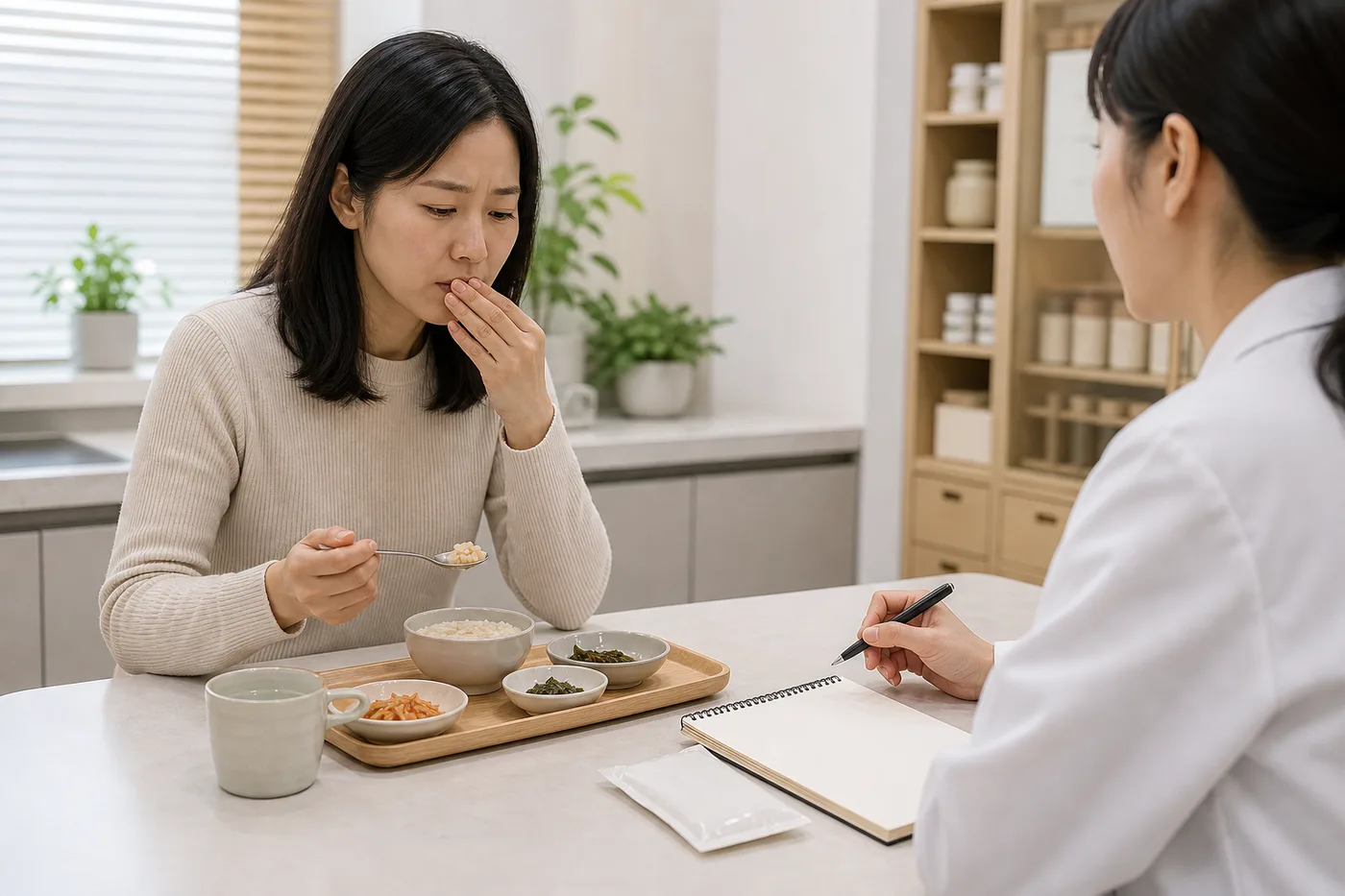 미각이상 환자가 식사 샘플을 먹은 뒤 금속맛과 맛 저하, 복용 약 기록을 한국인 의료진과 상담하는 국내 한의원 장면