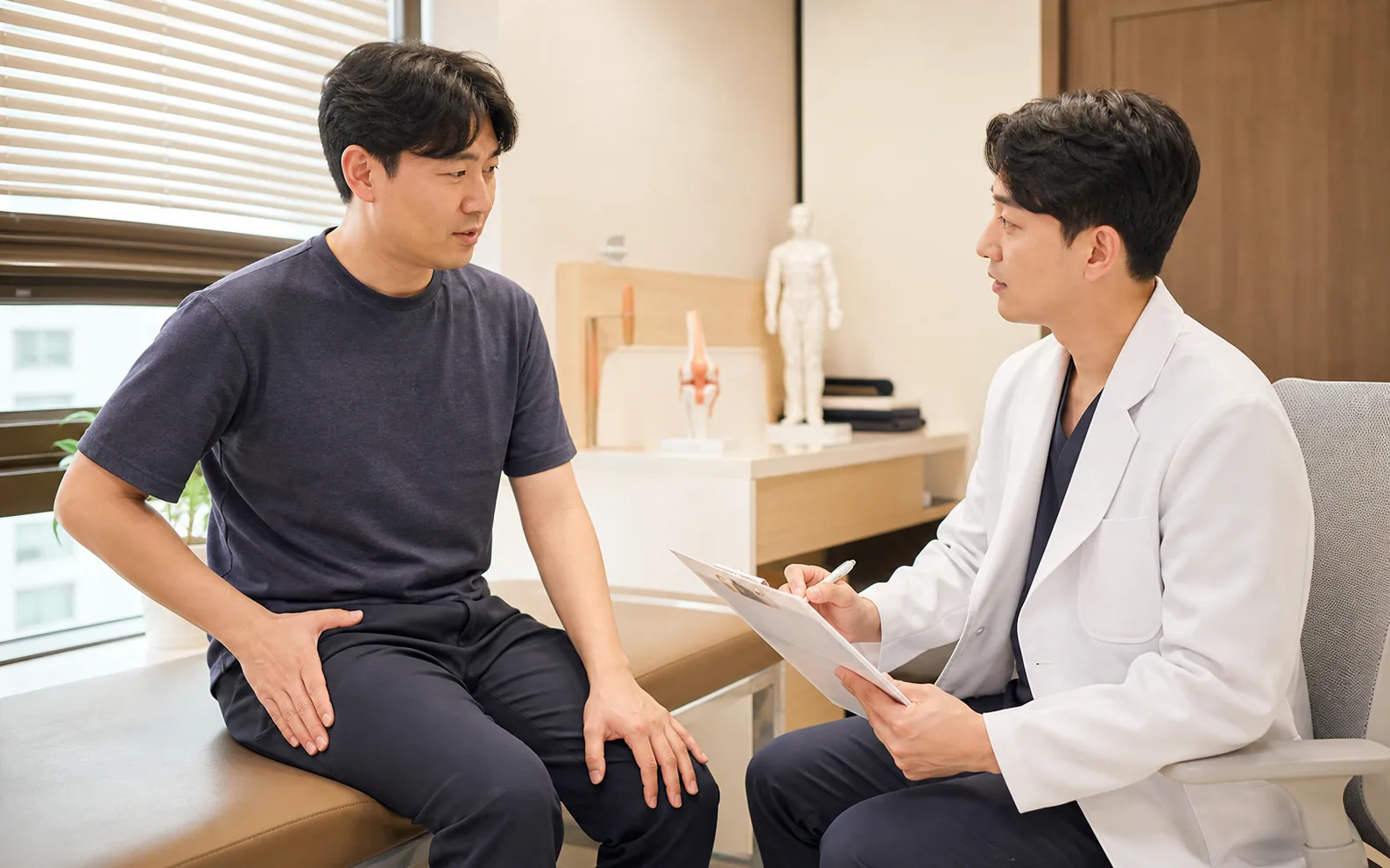 허벅지 통증 환자가 국내 한의원 진료실에서 대퇴부 통증 위치와 보행 불편을 설명하는 상담 장면