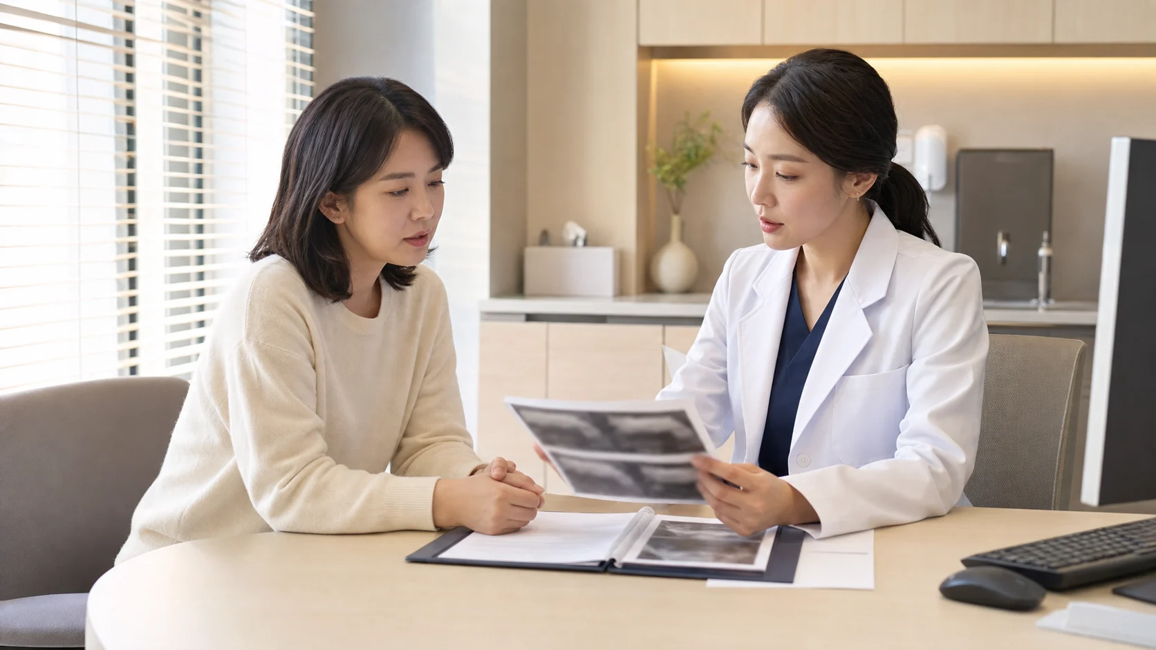 자궁내막얇음 초진에서 한국인 여성 환자와 한국인 의료진이 검사 기록을 보며 상담하는 모습