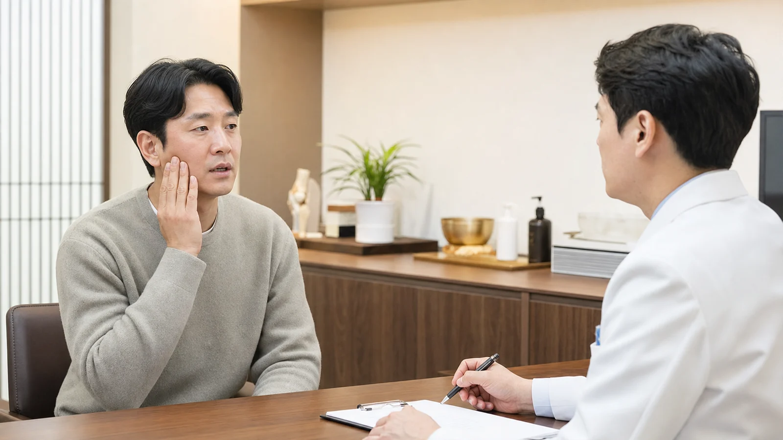 얼굴 한쪽 찌릿한 통증을 겪는 환자가 국내 한의원 진료실에서 통증 부위를 설명하는 장면