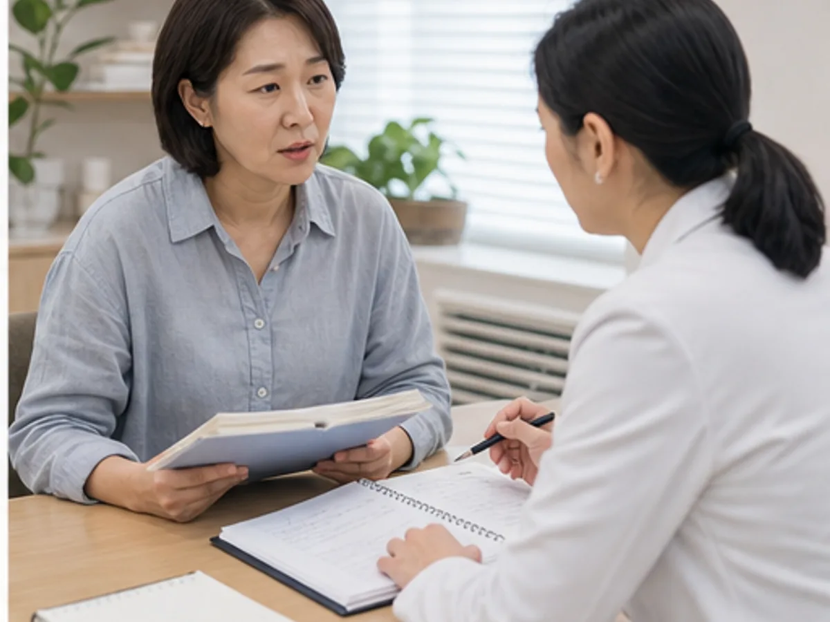 궤양성 대장염 환자가 혈변과 재발 기록을 들고 초진 상담을 시작하는 모던 클리닉 장면