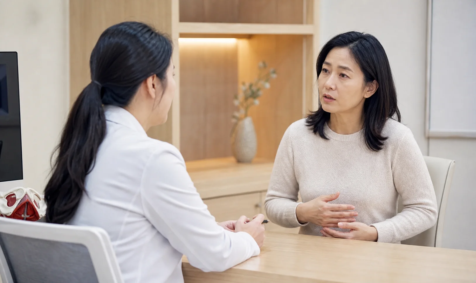 절박성 요실금 환자가 갑작스러운 요의와 외출 불안을 상담하는 모던 한의원 장면