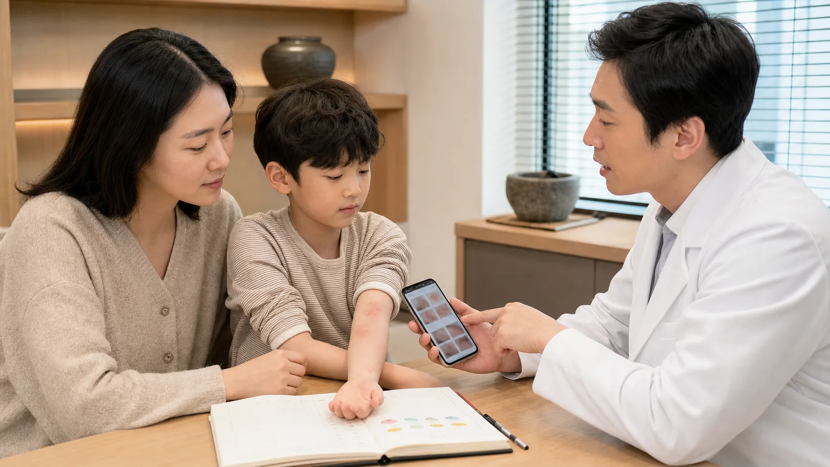소아 두드러기 아이와 보호자가 발진 시간표를 놓고 국내 한의원 진료실에서 상담하는 장면
