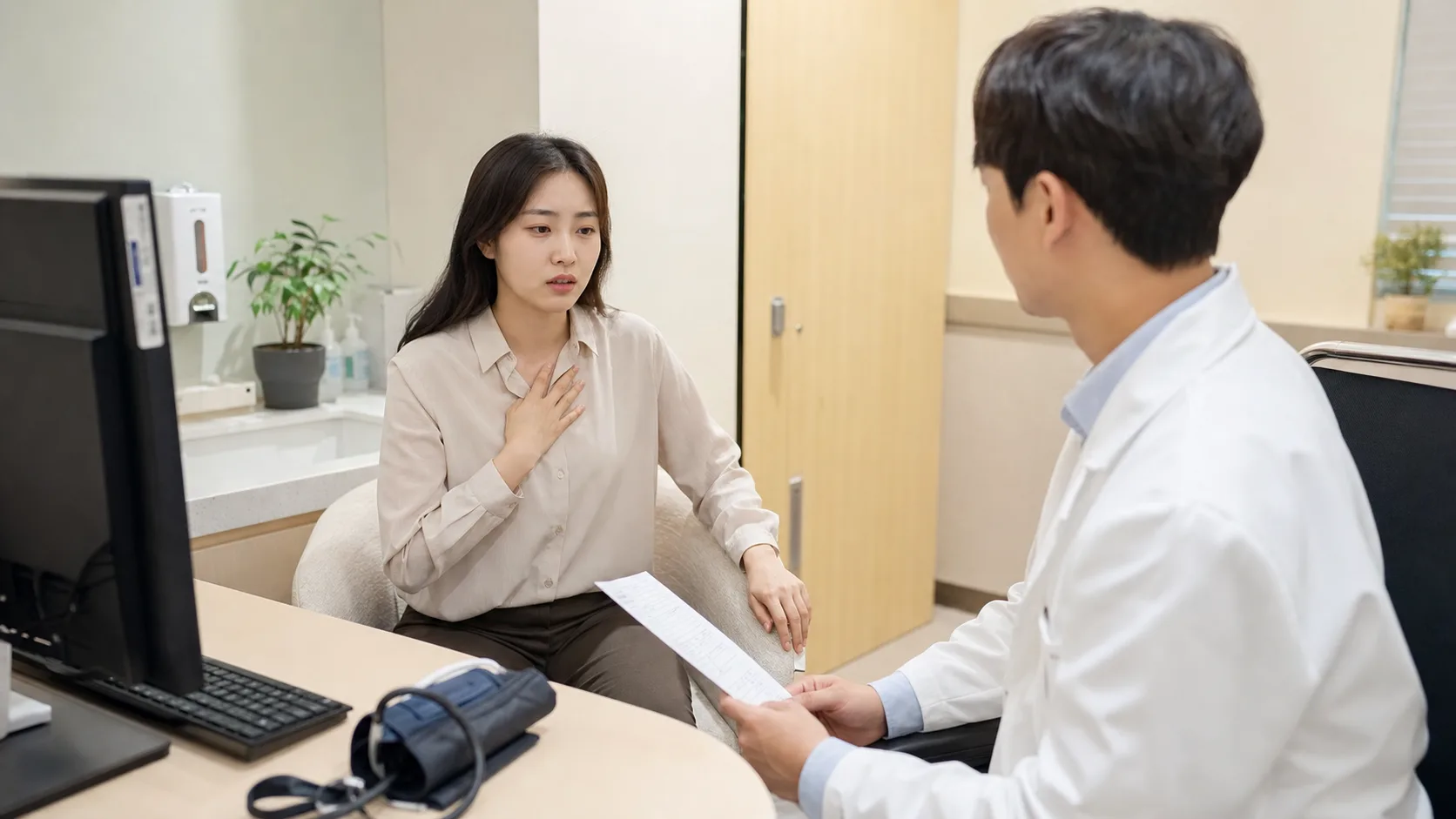 미주신경성 실신 환자가 국내 의료 상담 공간에서 전조 어지럼과 실신 불안을 설명하는 장면