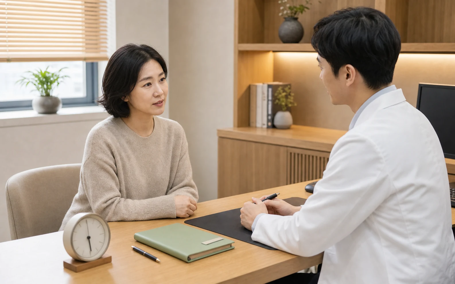 질건조증 환자가 국내 한의원 진료실에서 한국인 의료진과 건조감과 관계통 상담을 시작하는 장면