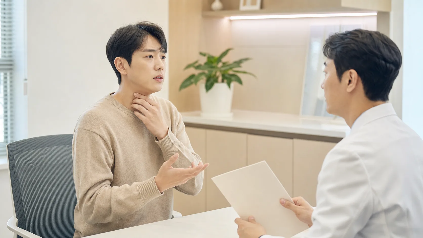 혈관운동성비염 상담에서 찬 공기와 향 냄새 뒤 반복되는 코막힘과 콧물을 설명하는 한국인 환자