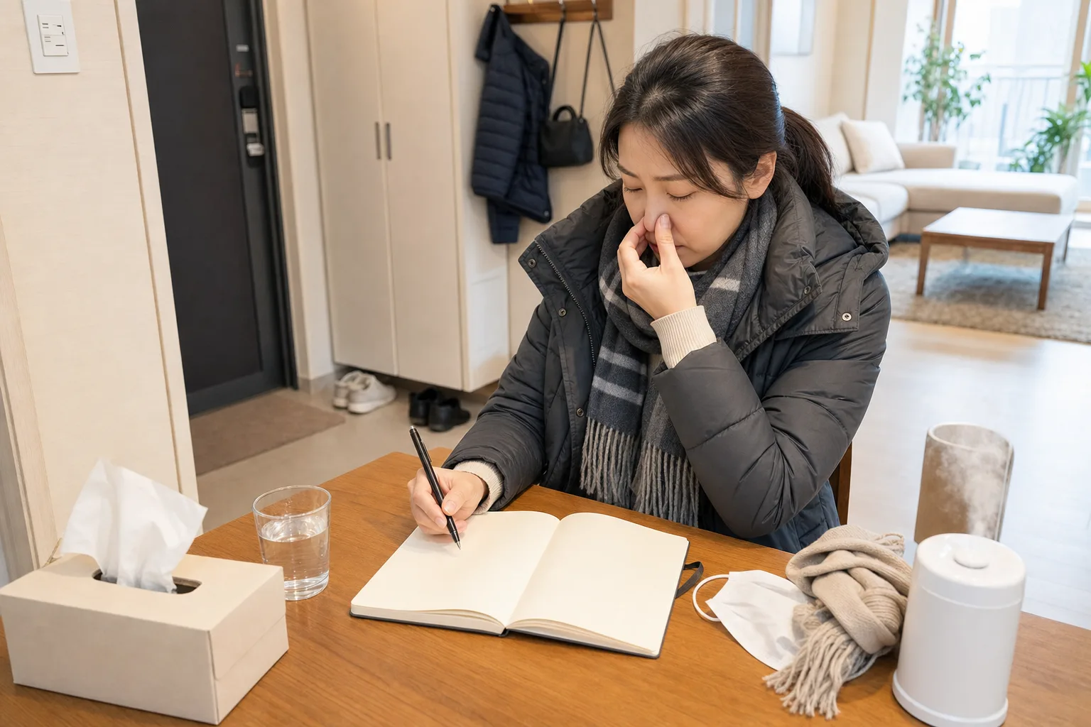 혈관운동성비염 환자가 집에서 코막힘과 콧물 반응 시간을 노트에 기록하는 생활 장면