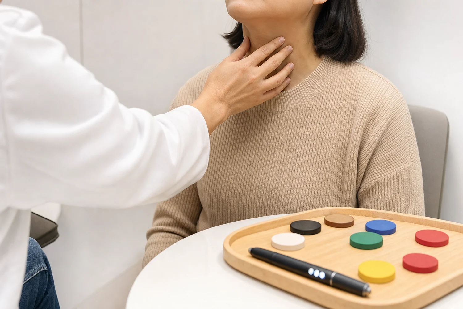 성대결절 초진에서 후두 주변 긴장과 음성 사용 기록을 함께 확인하는 장면